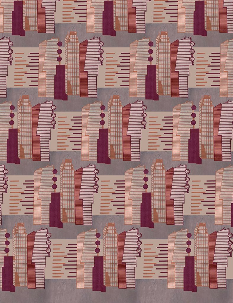 My work a repeat print of New York buildings in pink and orange