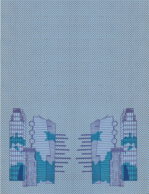 New York mirror images of new york buildings on a spotted background